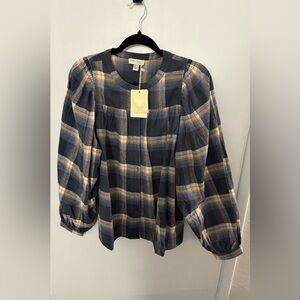 Plaid Long Balloon Sleeve Button Down L NWT